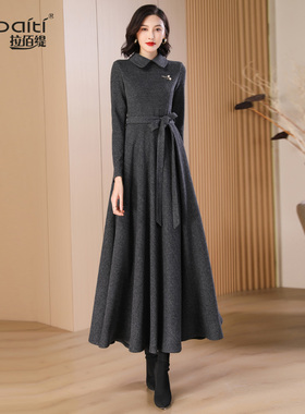 深灰色时尚连衣裙女2025秋冬新款气质精致收腰长款到脚踝长裙652