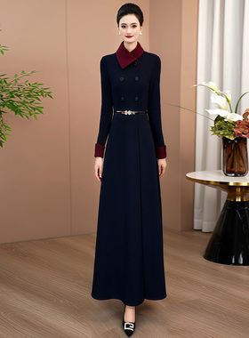 藏蓝色加厚拼接连衣裙2025年秋冬新款轻奢高级感正式场合显瘦长裙