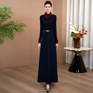 藏蓝色加厚拼接连衣裙2025年秋冬新款轻奢高级感正式场合显瘦长裙