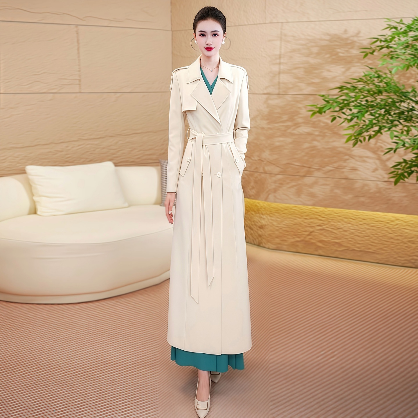 拉佰缇西装领长款风衣女过膝外套