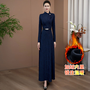 藏蓝色加绒奢华高端女连衣裙2025年重要场合穿的漂亮气质长裙119