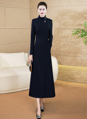 藏蓝色高端毛呢大衣女2025冬季新款过膝加厚呢子通勤职业装外套78