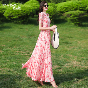 粉碎花V领连衣裙长款2023夏新款海边度假修身高端精致大摆长裙804