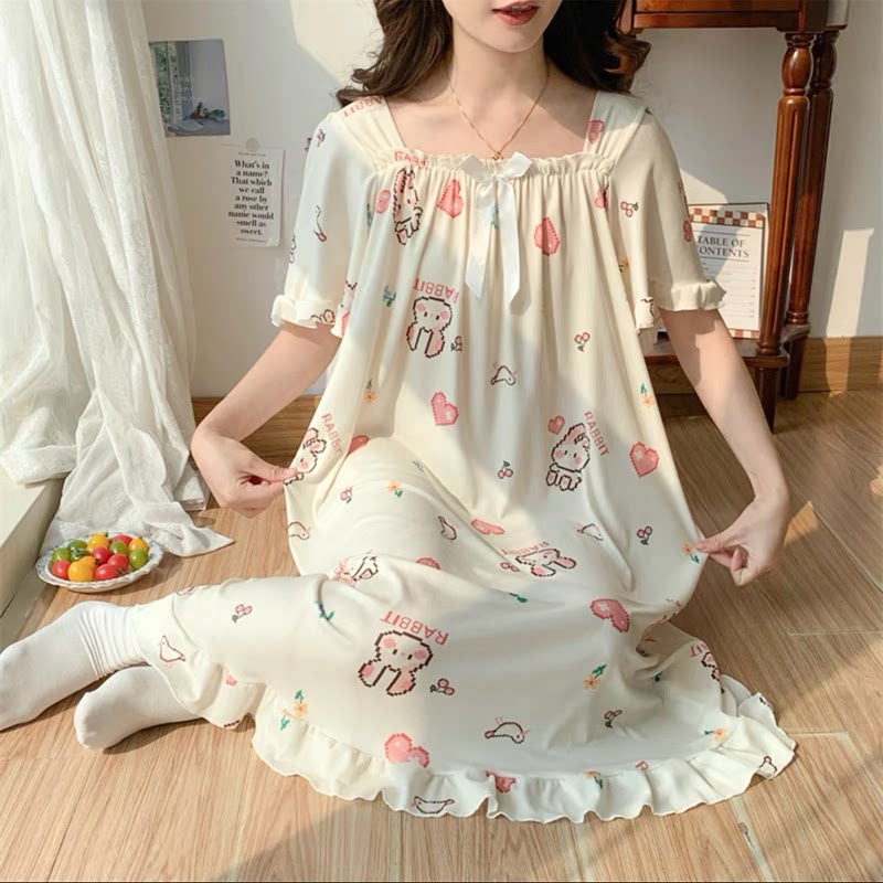 大码冰丝睡衣裙女夏季薄款特大码300斤加肥胖mm200斤中长卡通睡衣
