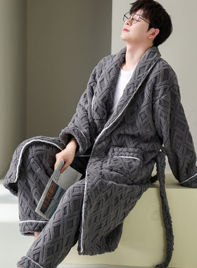 男士长款睡袍冬浴袍系带珊瑚绒加厚保暖长款法兰绒大码200斤套装