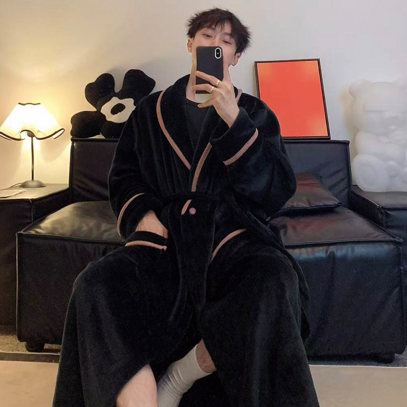 超长特大宽松版胖mm300斤法兰绒加厚保暖胖女孩睡袍浴袍男系带款