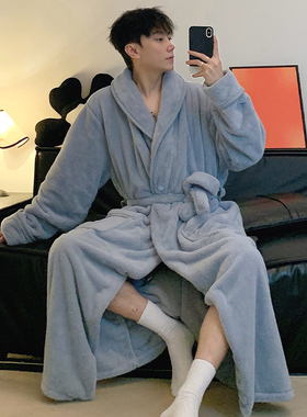 特大码300斤男士浴袍系带秋冬季珊瑚绒加厚保暖睡衣酒店长款睡袍