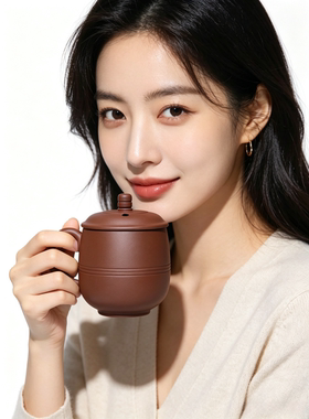吉羊宜兴紫砂杯纯手工办公茶杯泡茶杯子原矿紫泥大肚杯460ml紫泥