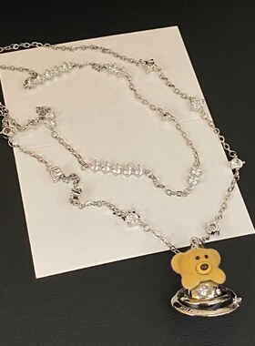 2026新款可爱小熊吊坠项链女双层叠戴锁骨链金属链条颈链耳环耳饰