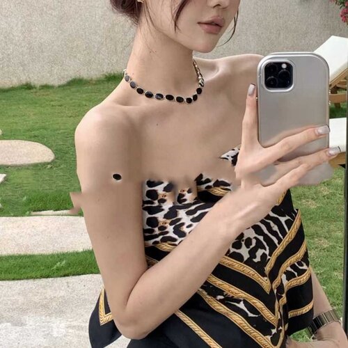 欧美辣妹风豹纹项链女黑色椭片片颈链个性时尚配饰