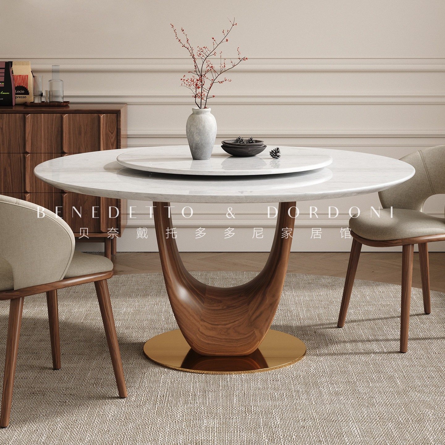 高级感奢石餐桌意式轻奢纯天然大理石实木圆桌现代简约带转盘家用,住宅家具,大理石餐桌,淘宝优惠券,粉丝福利购,淘宝优惠卷
