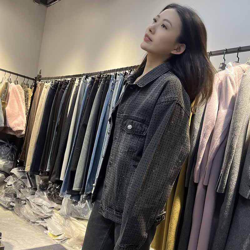 欧货新款大牌巴黎风男女同款满钻重工水洗黑色牛仔外套男宽松夹克