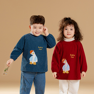 宝宝灯芯绒罩衣儿童秋冬防水反穿衣幼儿园围裙婴幼儿卡通吃饭护衣