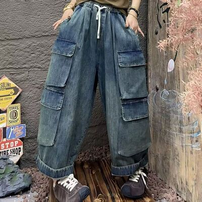 2026春季韩版宽松复古个性立体大口袋牛仔工装裤百搭休闲裤女6622