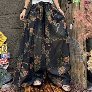 2026年春款休闲裤印花大版水洗女士宽松大码阔腿裤侧摆开叉女裤