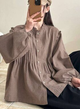 棉麻娃娃衫 2026春季新款 花边领捏褶长袖衬衫格子上衣女装