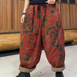 百搭保暖棉裤 文艺复古风松紧腰印花加棉老爹裤 女 新款 2025冬季