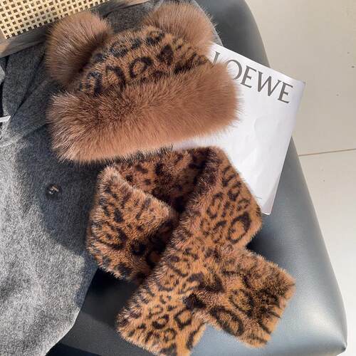 蒙古帽韩版豹纹毛绒围巾冬季保暖