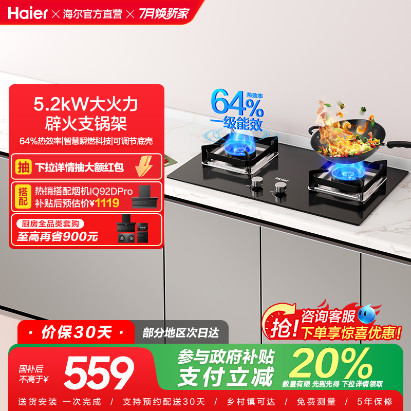 以旧换新补贴海尔燃气灶煤气灶猛火双灶家用台嵌入式大火力Q2BE6