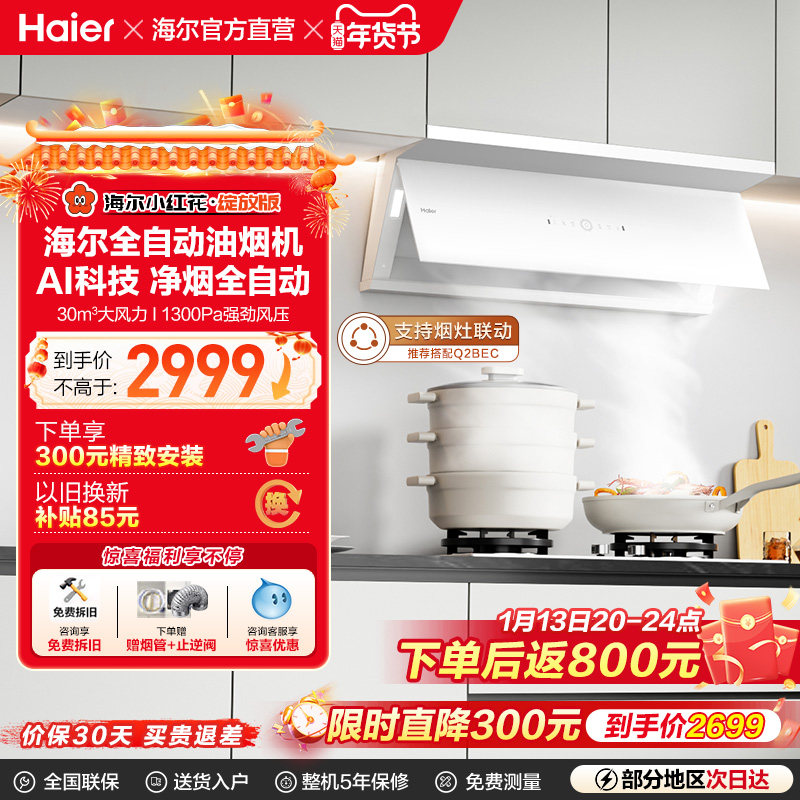 海尔小红花抽油烟机家用厨房大吸力吸油烟机燃气灶全自动C50Max