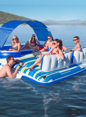 4人遮阳豪华床垫躺椅沙发水上漂浮pvc浮排充气水上浮床垫游泳圈