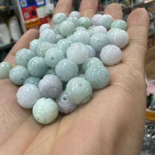 天然缅甸翡翠A货圆珠雕花龙10mm豆种浅绿散珠DIY手链配件饰品手链