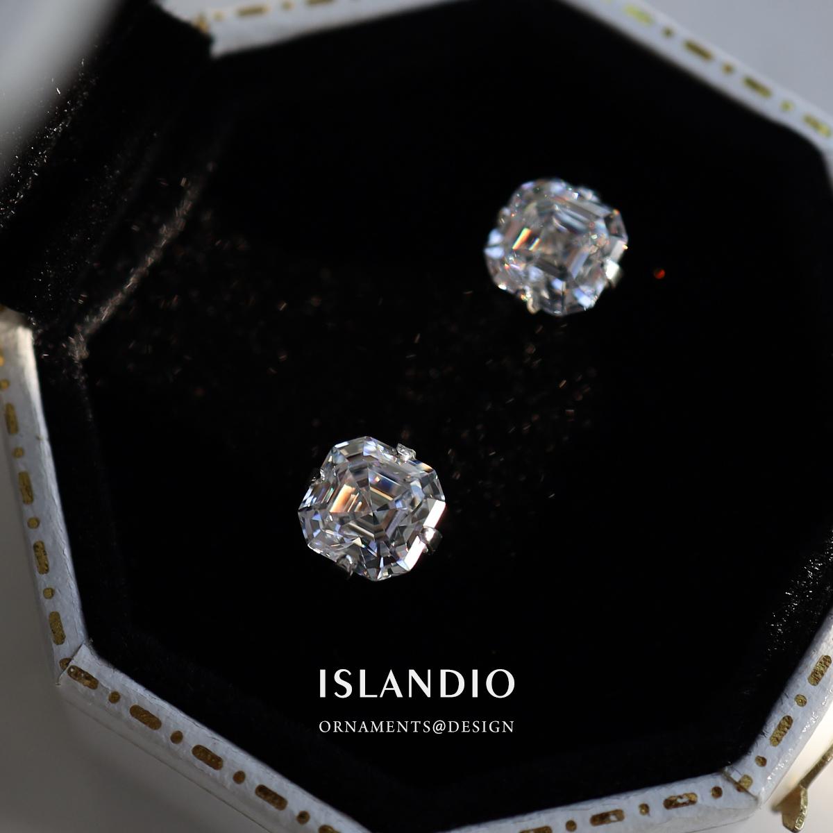 ISLANDIO原创天然白刚玉阿斯切方钻s925纯银耳钉18k金养耳饰男女