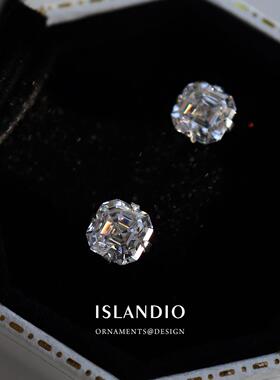 ISLANDIO原创天然白刚玉阿斯切方钻s925纯银耳钉18k金养耳饰男女