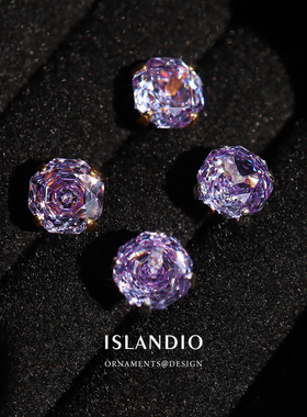 ISLANDIO原创紫玫瑰超闪纯银玫瑰切耳钉女小众设计感高级轻奢耳饰