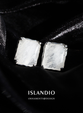 ISLANDIO纯银几何方形白色天然水晶耳环高级氛围感冷淡气质in耳钉