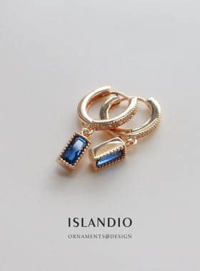 法式轻奢耳圈银镀18K金耳环显瘦高级蓝水晶方块耳坠女简约冷淡风