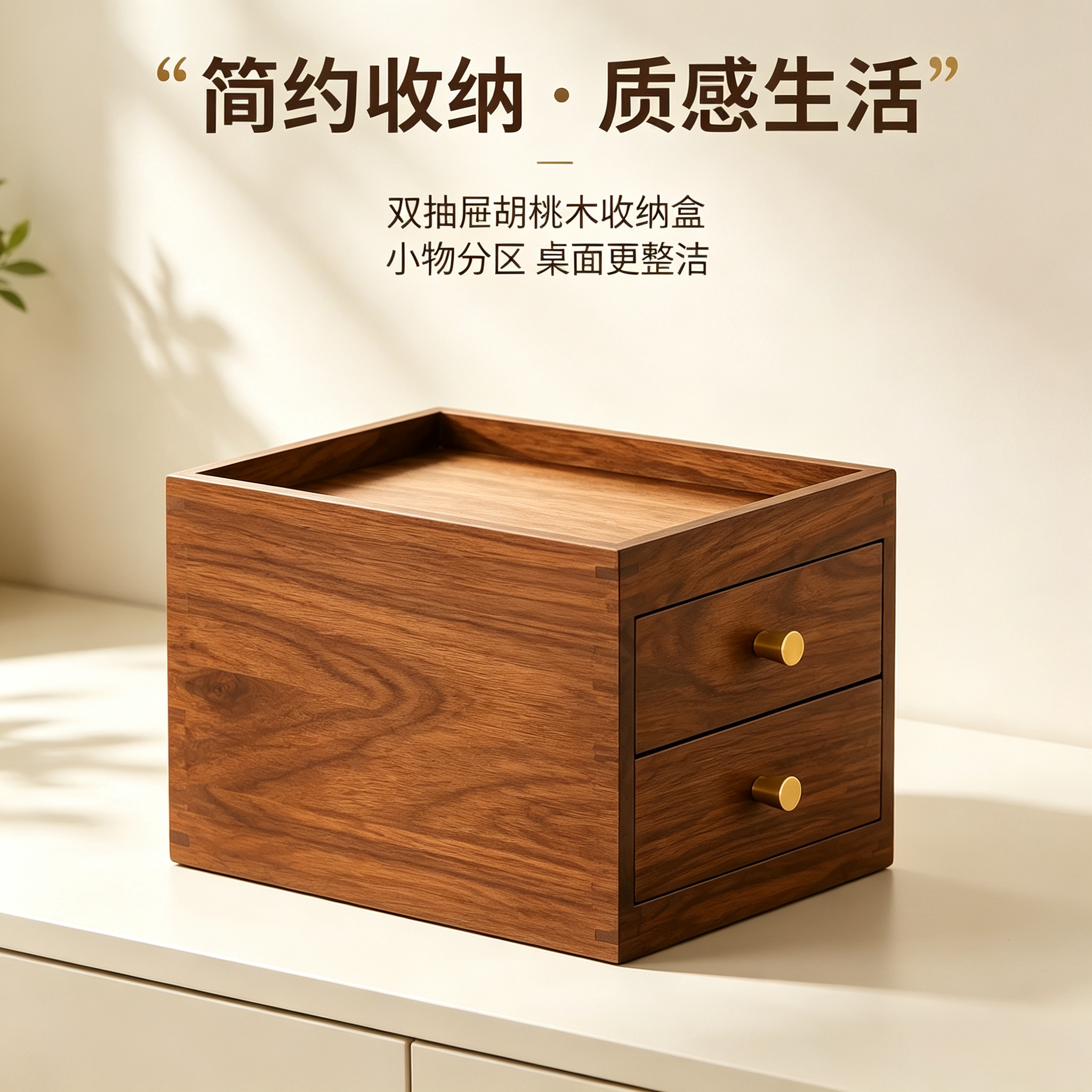 胡桃实木新中式抽屉桌面收纳盒
