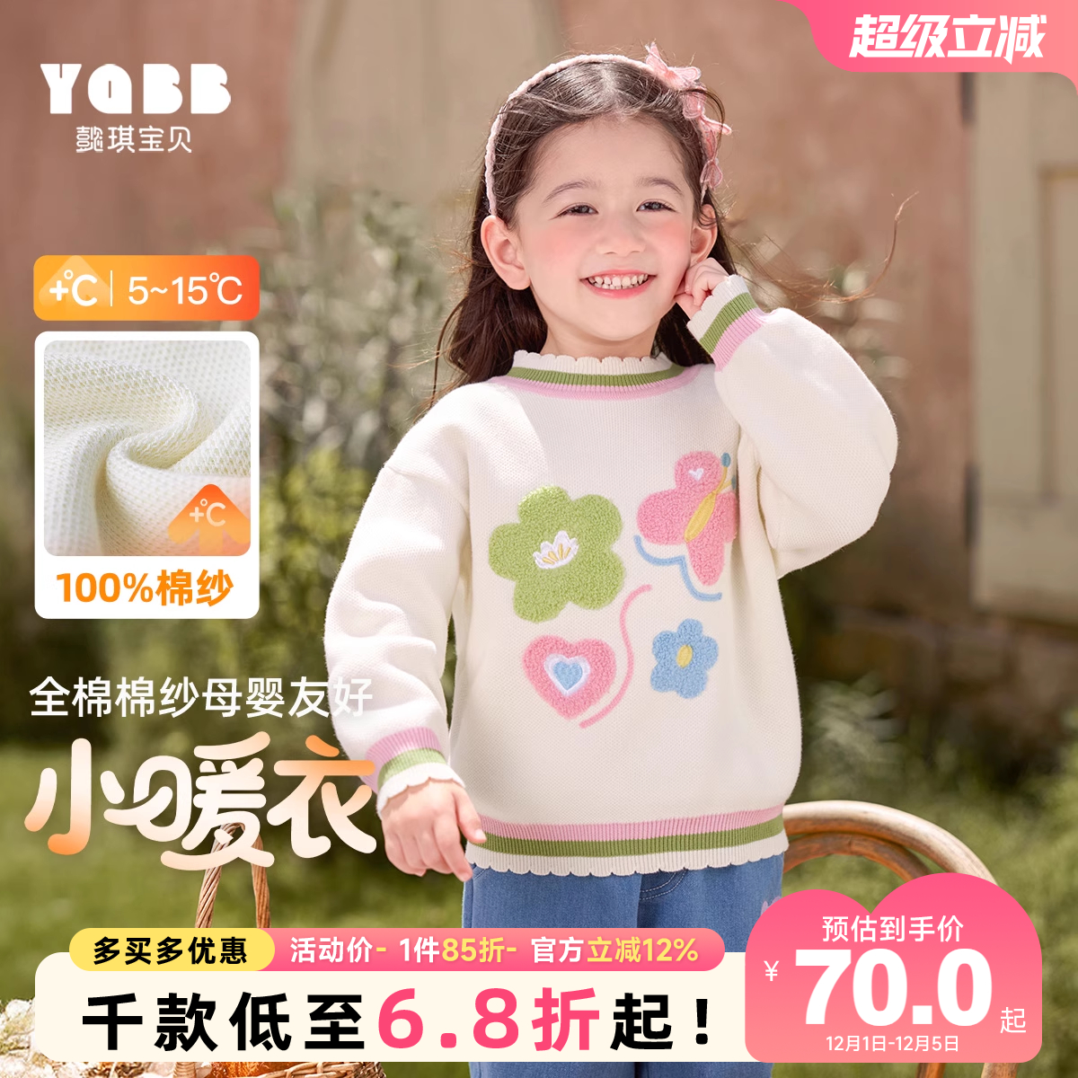 女童毛衣冬季宝宝针织衫加厚小女孩上衣冬款保暖童装儿童衣服冬装