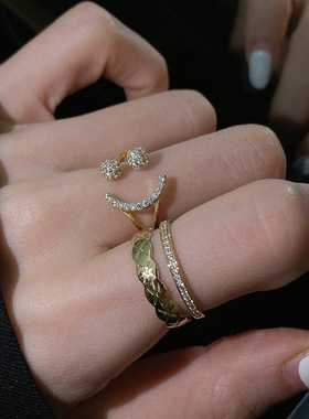 复古法式双层叠戴小香风菱格纹微镶锆石轻奢开口戒指女铜镀真金