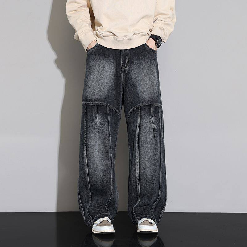 2026春季新款美式复古拼接牛仔裤男款柔软舒适大码阔腿裤潮休闲