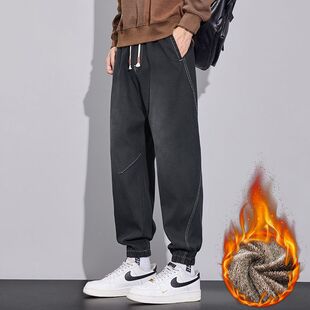 潮黑色休闲裤加绒男抽绳弹力秋冬宽松束脚星空纹洗水喷马骝束脚裤