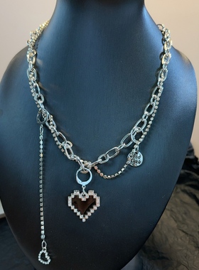 轻奢水钻爱心吊坠项链女双层叠带金属链条百搭锁骨链ins潮