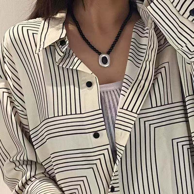 简约复古银色方块黑珠项链几何吊坠项链情侣锁骨链串珠锁骨链