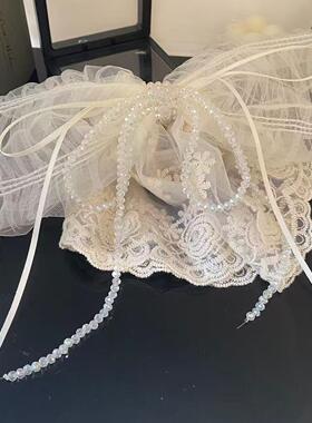 法式复古白色蕾丝蝴蝶结发夹珍珠流苏新娘婚礼超仙发饰