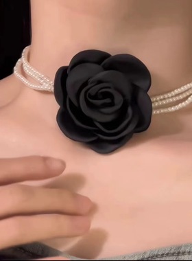纯欲黑色玫瑰花朵珍珠多层项链女轻奢高级感锁骨链choker颈链