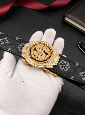 港风印花时来运转自动扣皮带男士真皮牛皮腰带青年百搭网红裤腰带