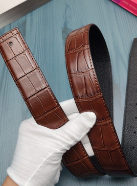 3.8无头皮带男真皮头层牛皮棕色鳄鱼肚纹H扣奢侈大牌平替打孔皮带