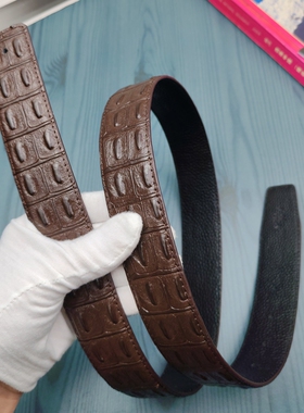 3.8无头皮带高档棕色鳄鱼纹真皮头层牛皮青年男士大牌H扣平替腰带