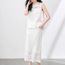 亚麻无袖背心女夏蕾丝镂空上衣白色森系连衣裙套装高级感法式轻奢