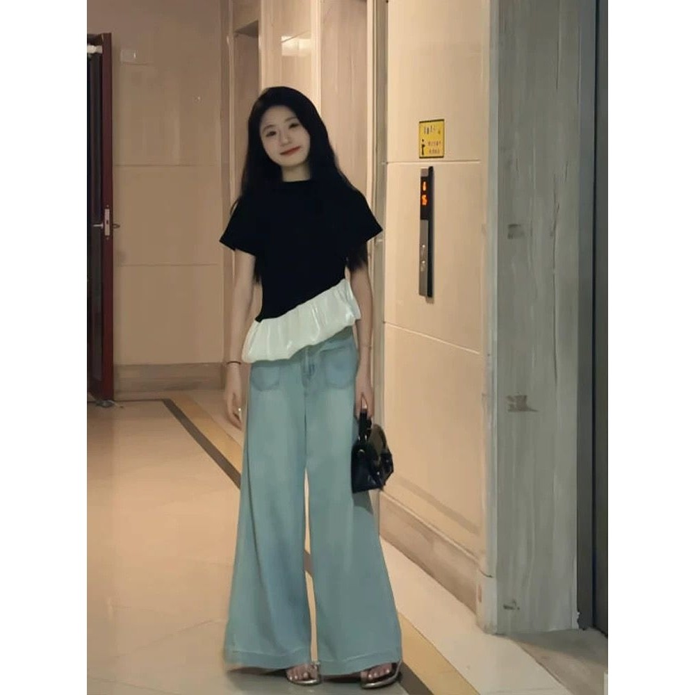 小众蓬蓬荷叶边拼接撞色短袖t恤女夏季韩版小个子修身别致上衣潮