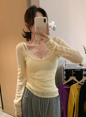 法式气质超好看温柔镂空低领黄色长袖针织衫女士独特漂亮初春上衣