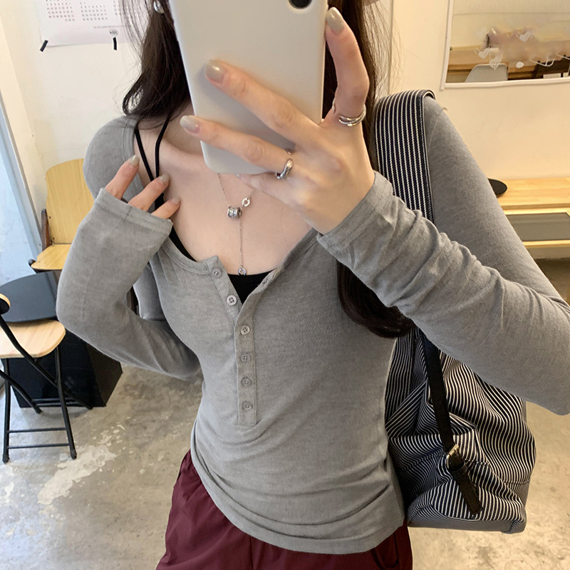 贴身亲肤半开领长袖内搭打底衫女2025春新款纯欲辣妹修身T恤上衣