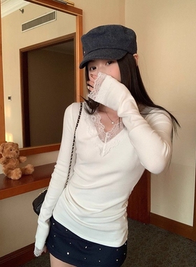 纯欲白色v领蕾丝花边内搭德绒打底衫女秋冬季辣妹修身长袖T恤上衣