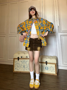 美式复古黄色格子衬衫女秋季通勤开衫长袖衬衣宽松防晒上衣外套
