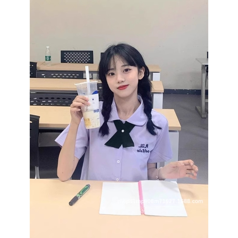 jk制服女泰国泰式校服园学院风衬衫女新款2025夏季上衣刺绣短袖女